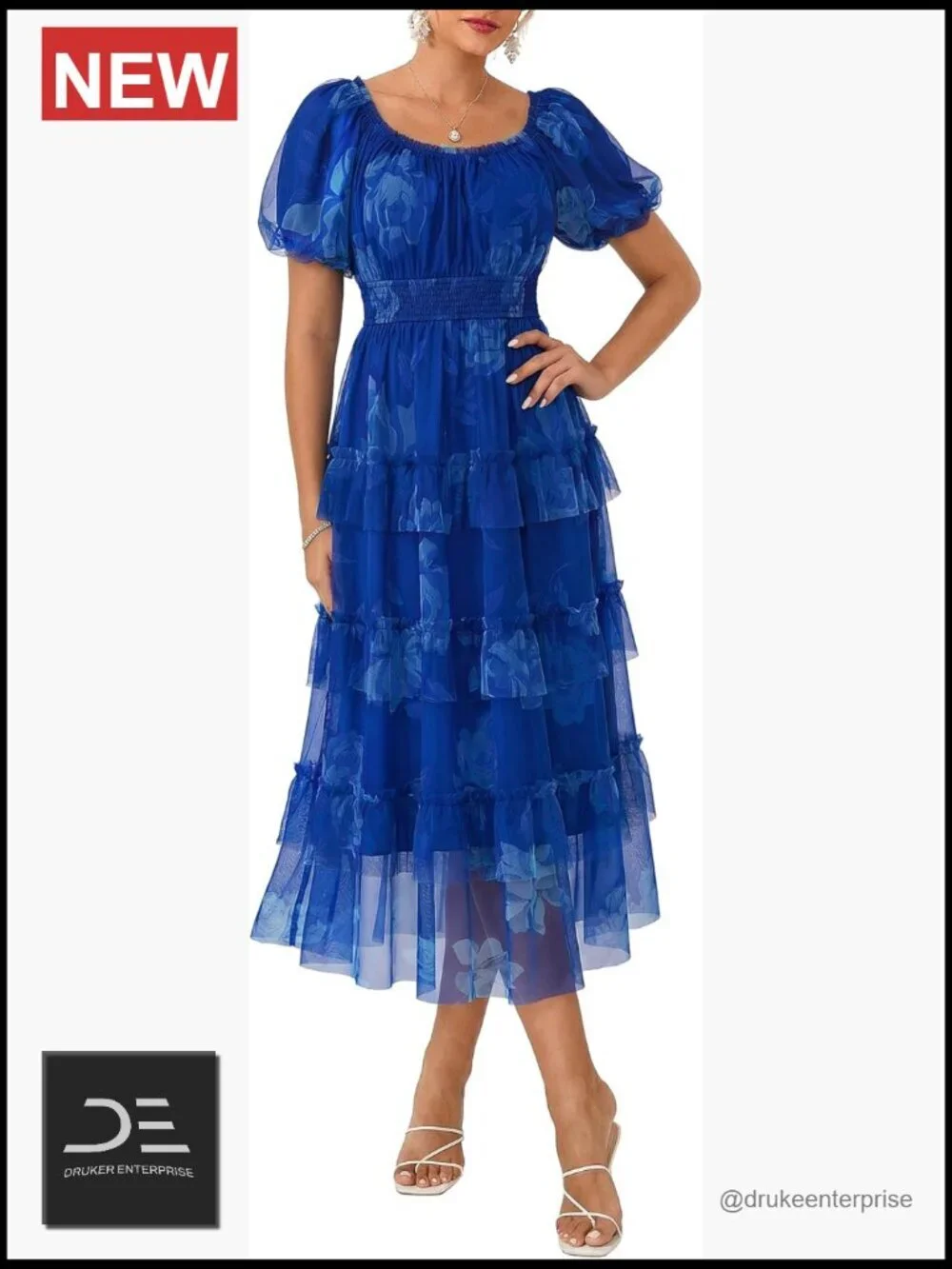 Floral Puff Sleeve Smocked Midi Dress Square Neck Mesh Flowy